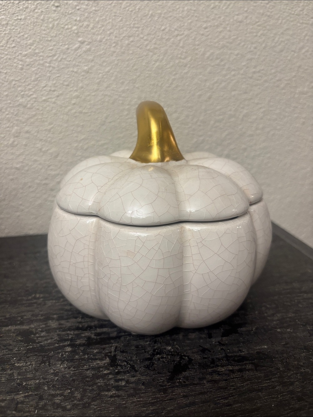 White Ceramic Pumpkin Trinket Box with Gold Stem
